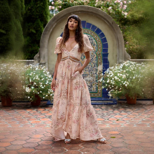 Emma B- Vestido Largo Floral con mangas